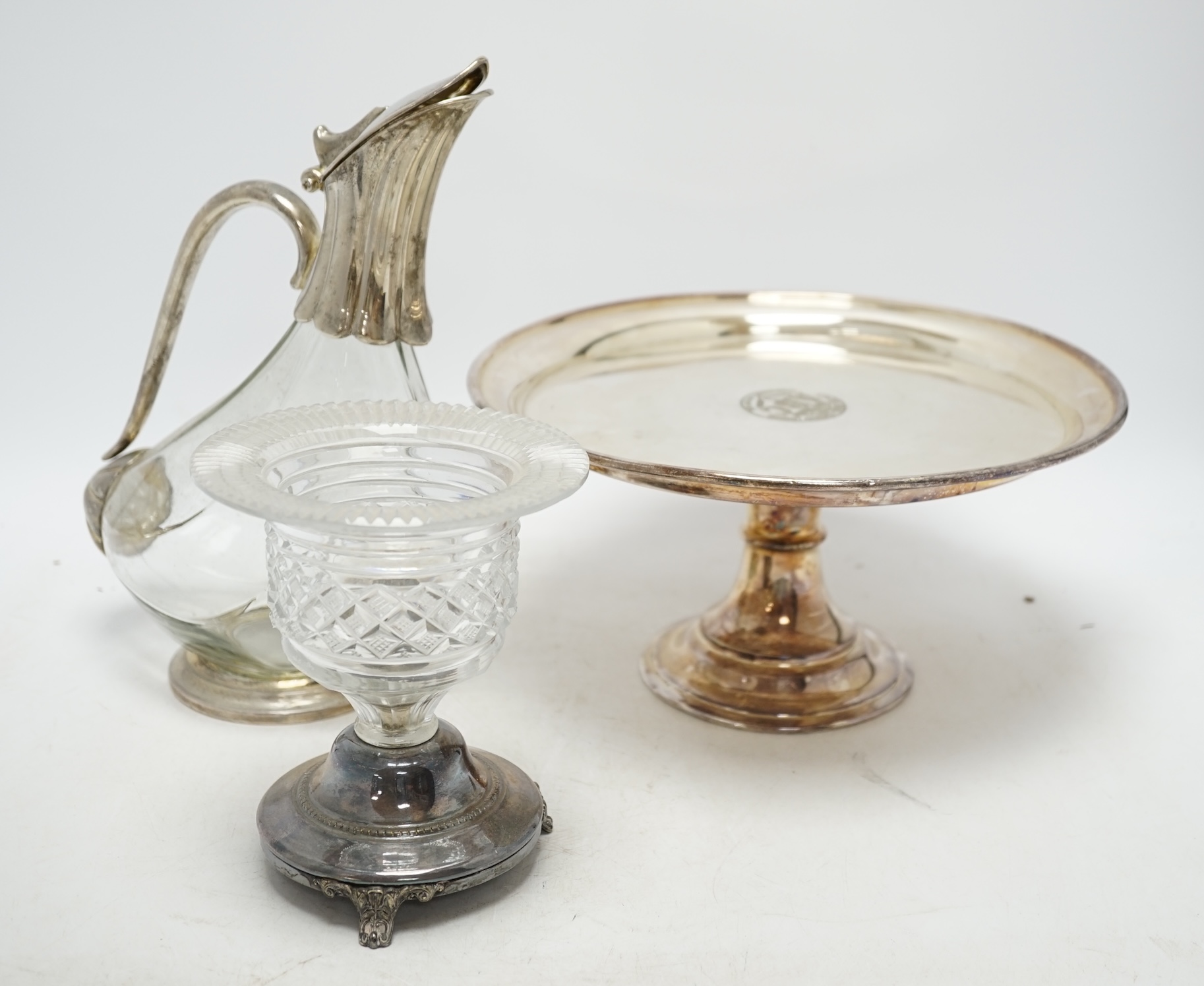 A quantity of silver plate to include a tazza with glass dish, a decanter and a pedestal dish, etc. Condition - fair